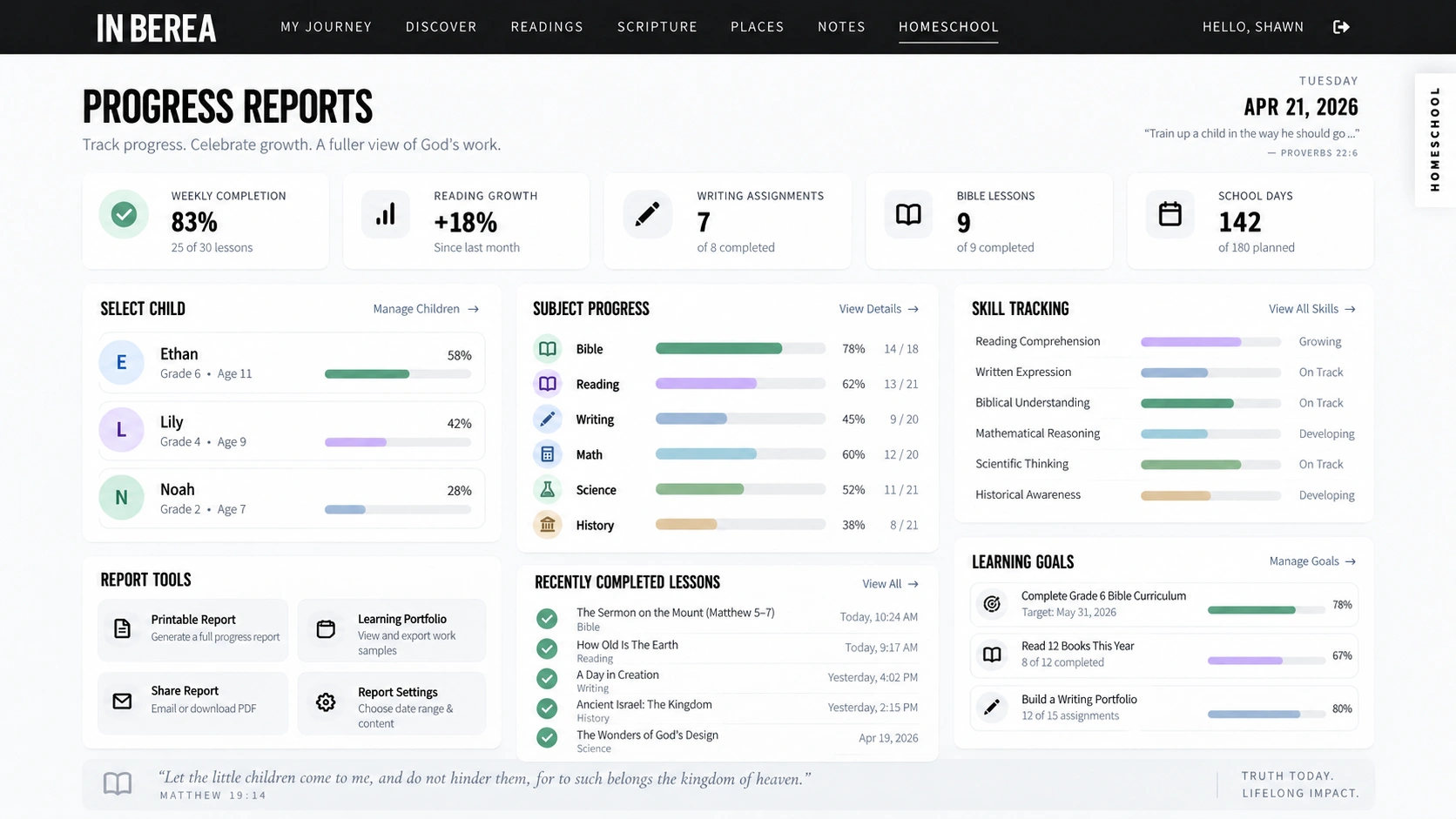 In Berea Homeschool progress reports interface